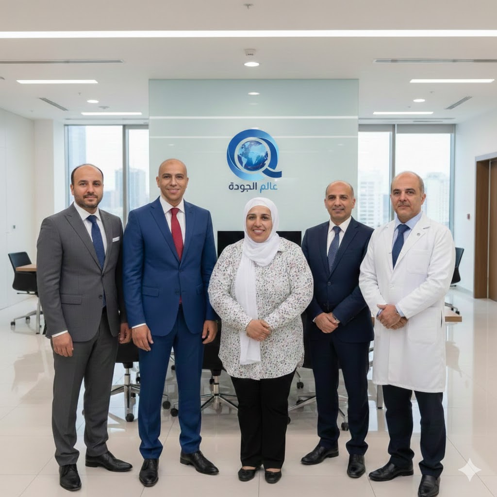 فريق شركة عالم الجودة خلال اجتماع عمل